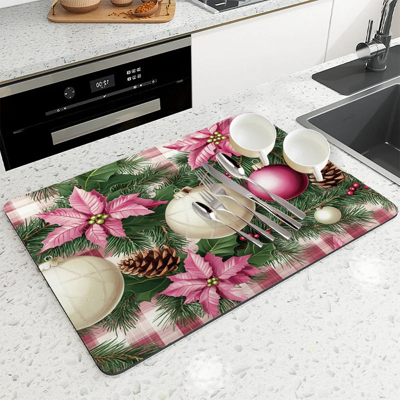 Axyaa Christmas Pink Diatom Mud Kitchen Drain Mats for Tableware & Coffee Machine