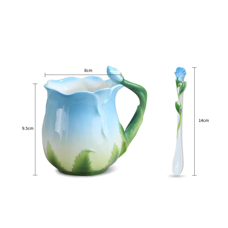 Axya Rose Ceramic Coffee Cup with Spoon - Embossed Cartoon Flower Pattern Mug