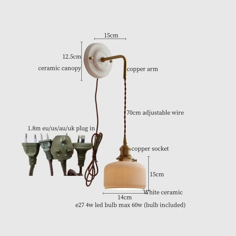 Axyaa Small Pleats Ceramic LED Wall Light Fixture Copper Arm Pull Chain Switch