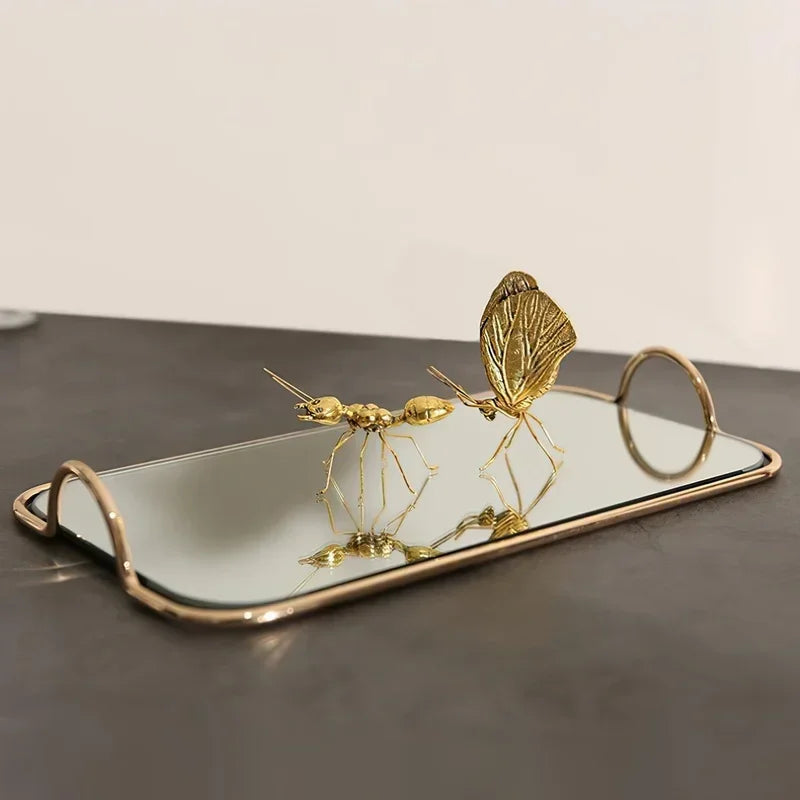 Axya Golden Handle Metal Mirror Storage Tray for Jewelry, Cosmetics, Home & Kitchen