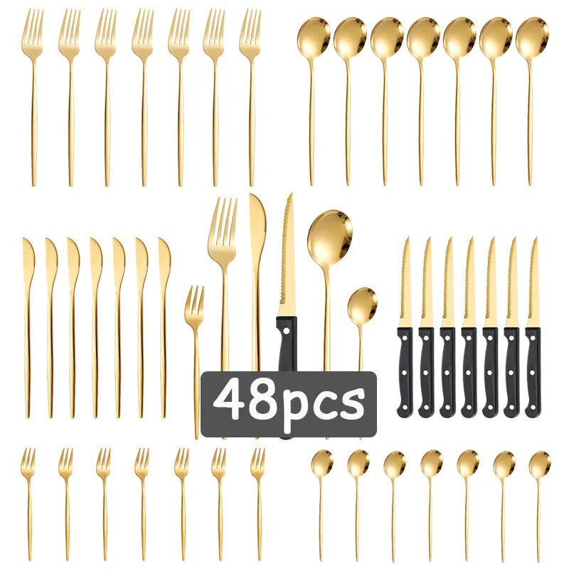 Axyaa Luxe Gold Stainless Steel Cutlery Set with Knife and Fork - Set of 48