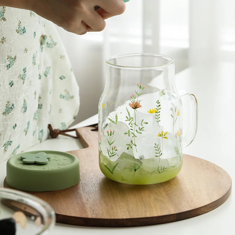 Axya Grass Pattern Glass Tumbler with Straw, Lid, and Graduated Heat-Resistant Cup