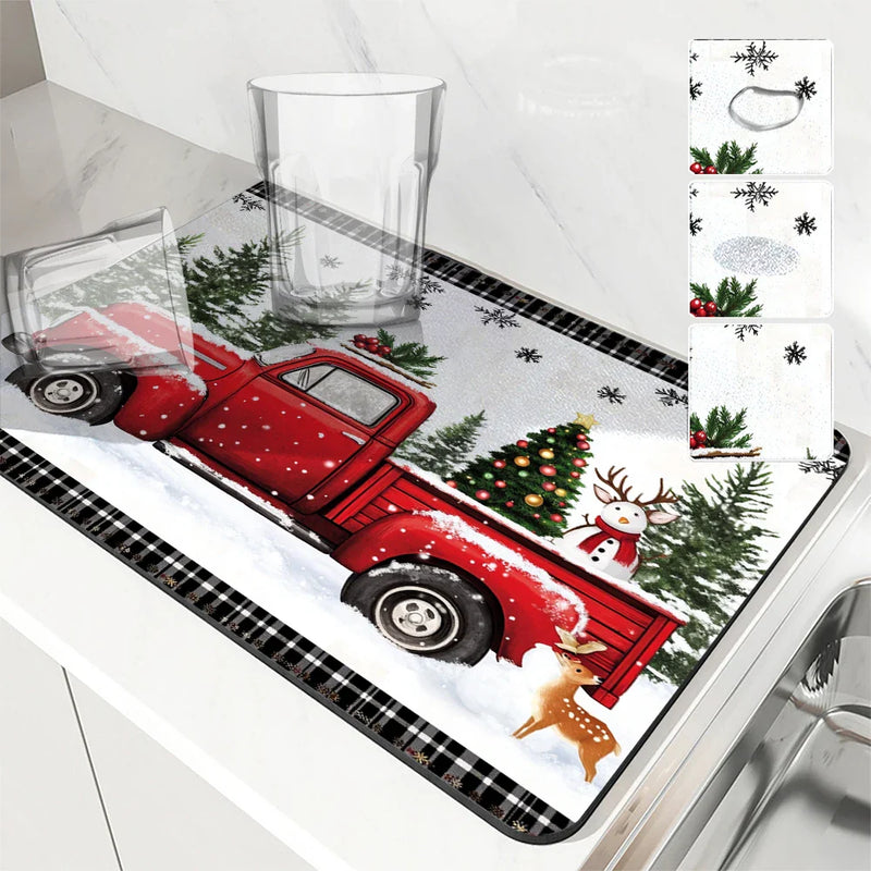 Axyaa Coffee Mat: Christmas Absorbent Draining Mat with Rubber Backing