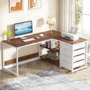 Axyaa L-Shaped Computer Desk with Storage Drawers and Shelves