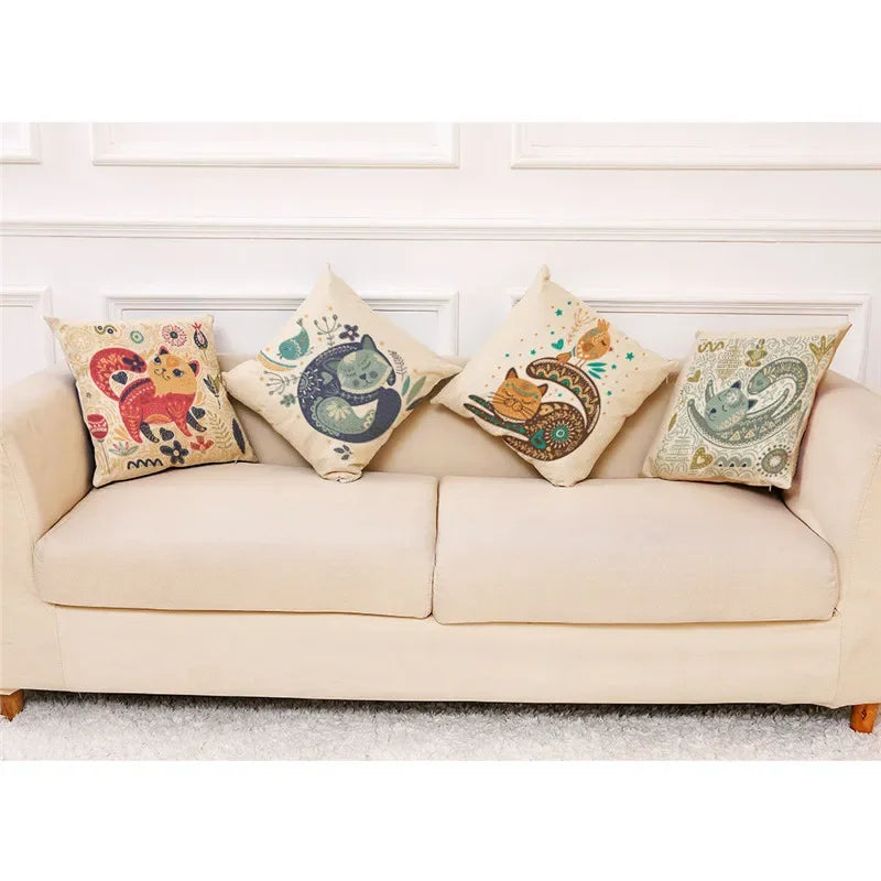 Axyaa Cartoon Cat Linen Pillowcase - Modern Home Decor, Kids Room Pillow Cover