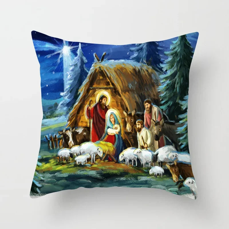 Retro Oil Painting Christmas Pillowcase - Axyaa Nativity Cushions Case Jesus Christ Print Throw Pillows Case