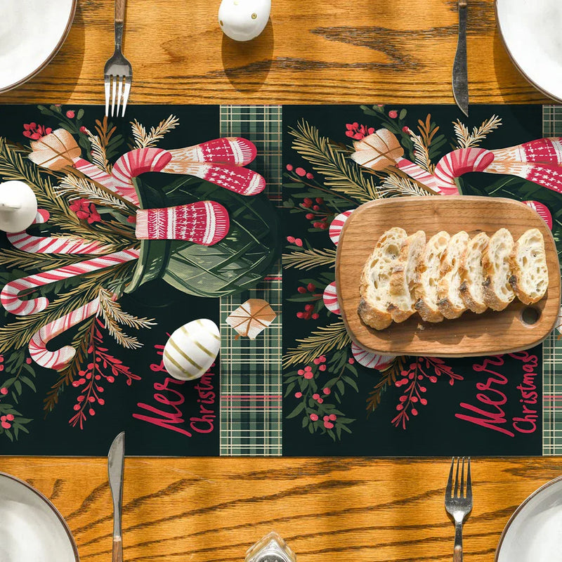 Axyaa Christmas Holiday Table Runner Gloves Fir Berries Decor Sugar Cane