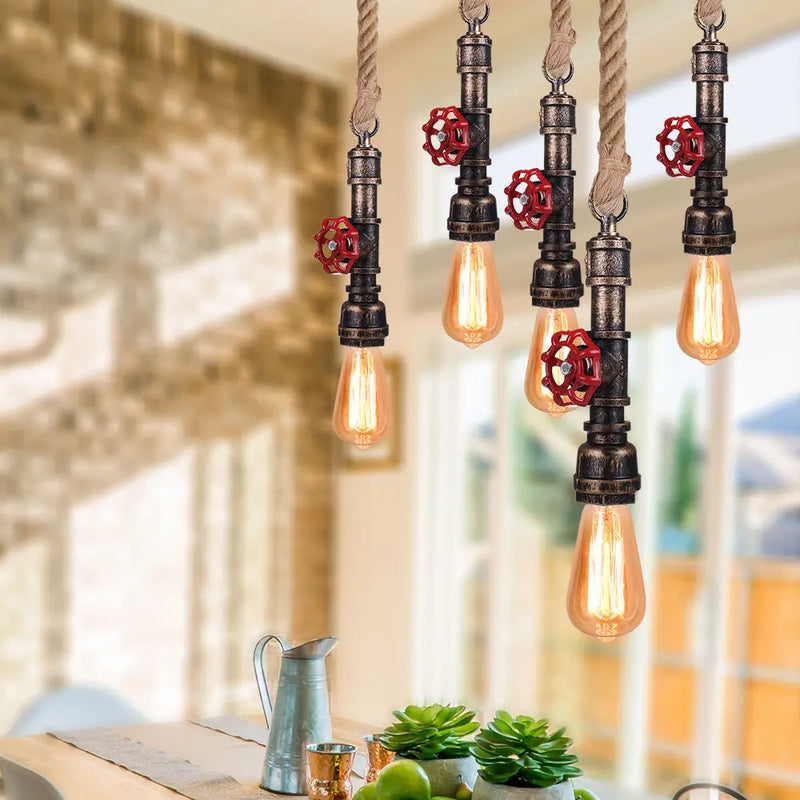 Axyaa Retro Loft Iron Pipe Pendant Lamp with Hemp Rope - Kitchen Lighting