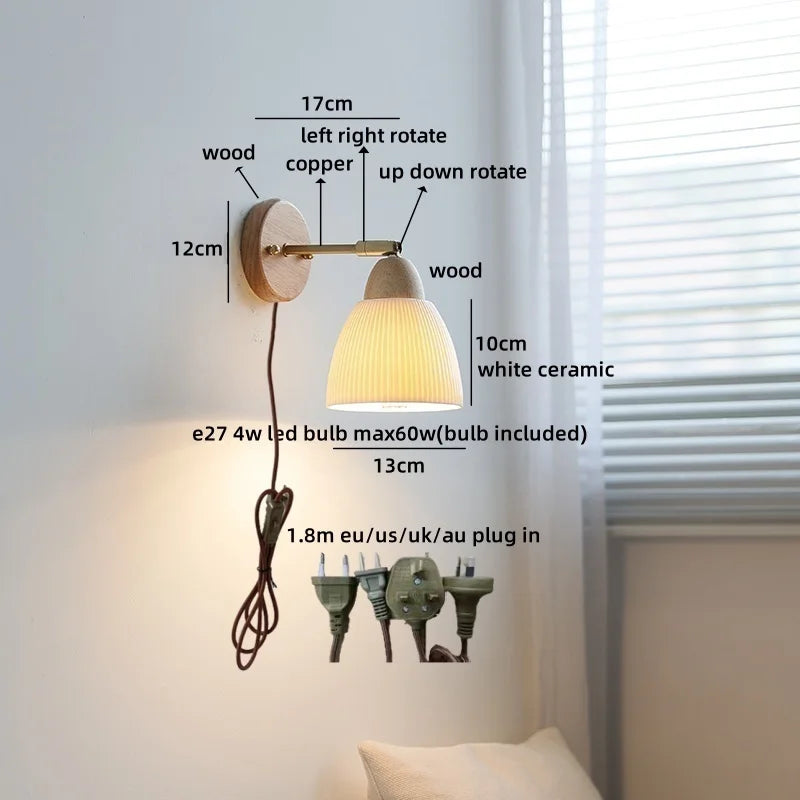 Axyaa White Ceramic LED Wall Sconce – Wooden Socket Stair Wall Light