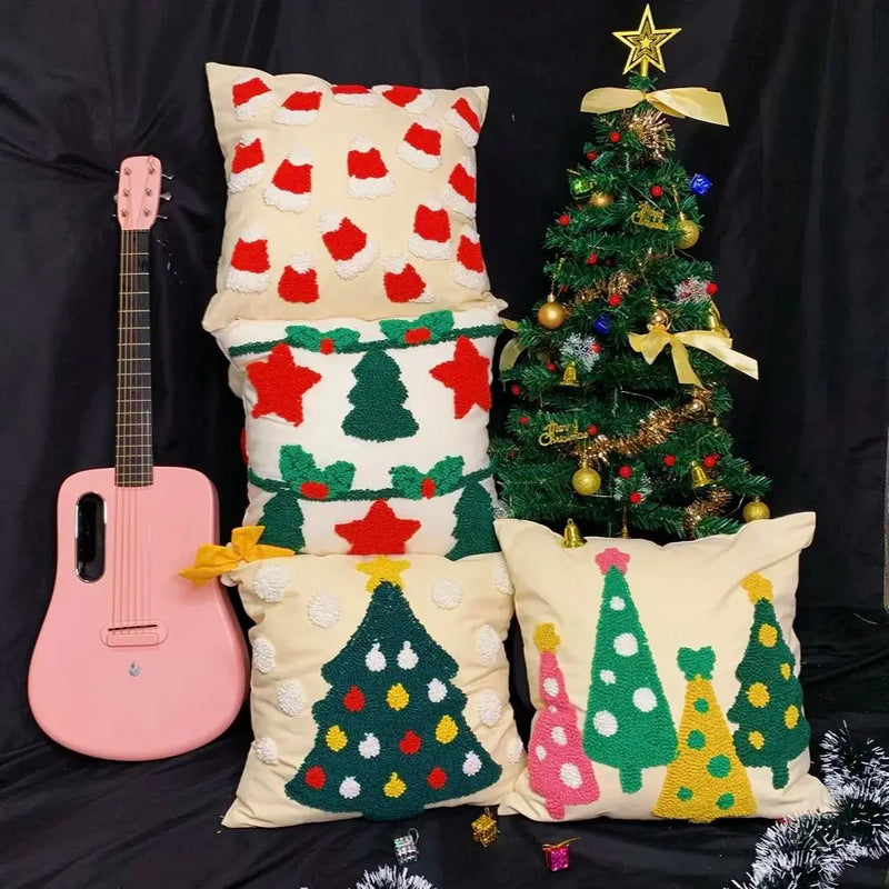 Axyaa Christmas Tree Circle Velvet Embroidery Linen Pillow Cover