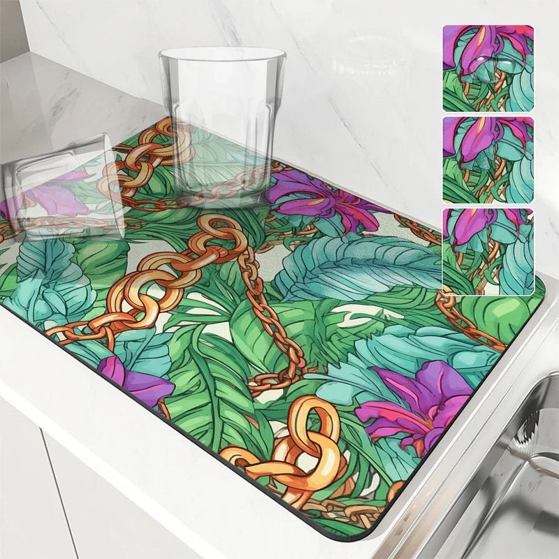 Tropical Palm Drying Mat by Axyaa: Absorbent Anti-Slip Coffee Mat & Table Placemat