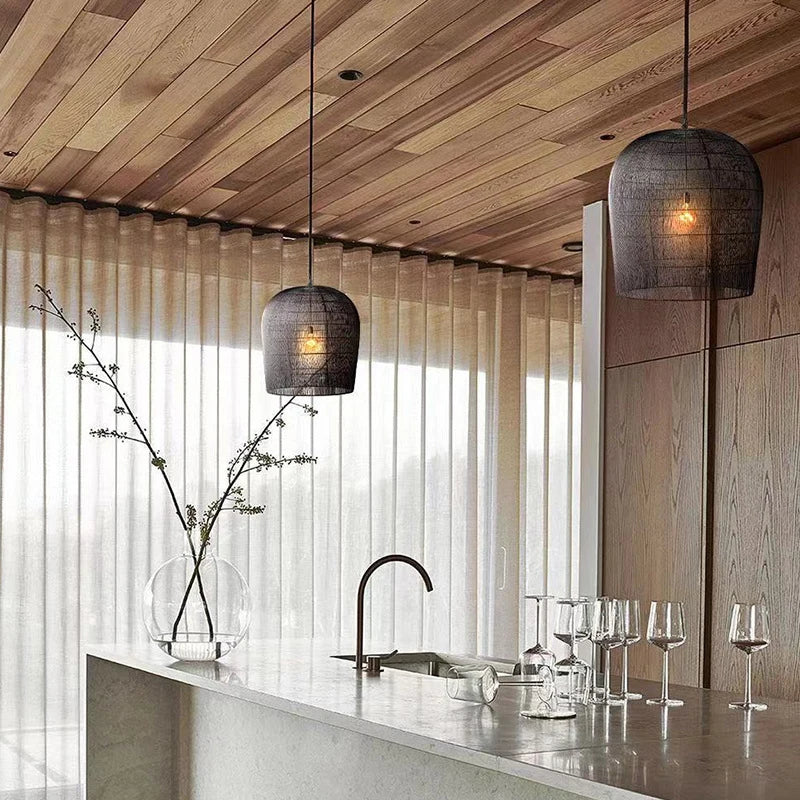 Axyaa Handmade Rattan LED Pendant Light Fixture for Dining Room, Bedroom, and Bar
