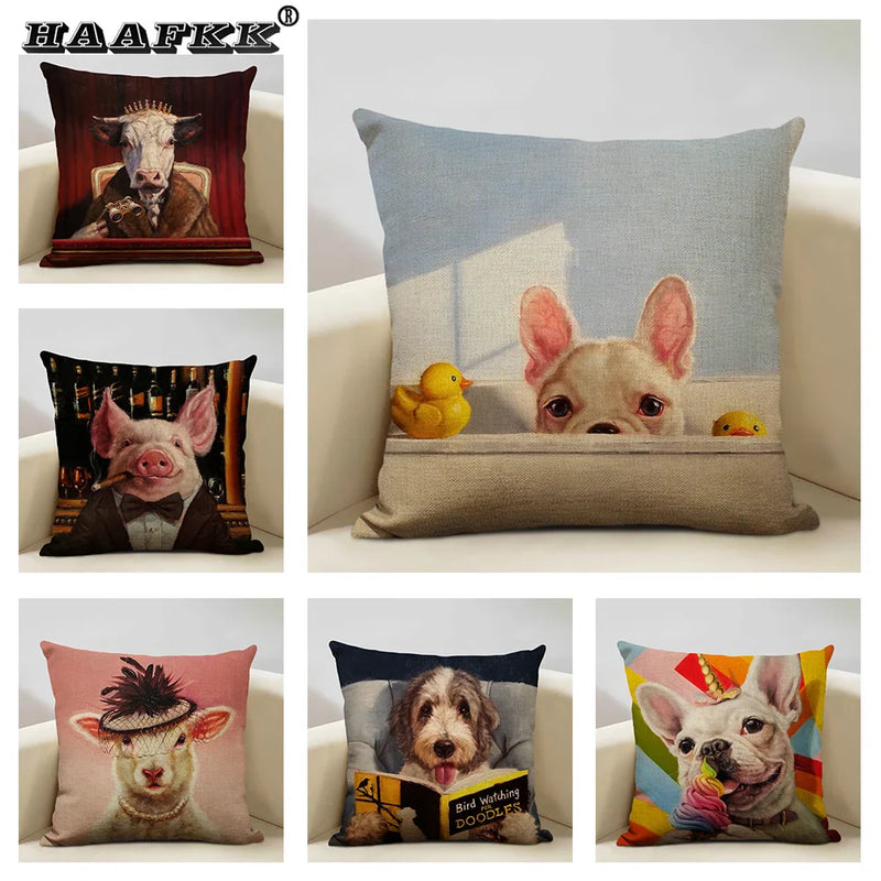 Axyaa Bullfighting Dog Cushion Cover - 45x45cm Linen Pillowcase for Home Decor