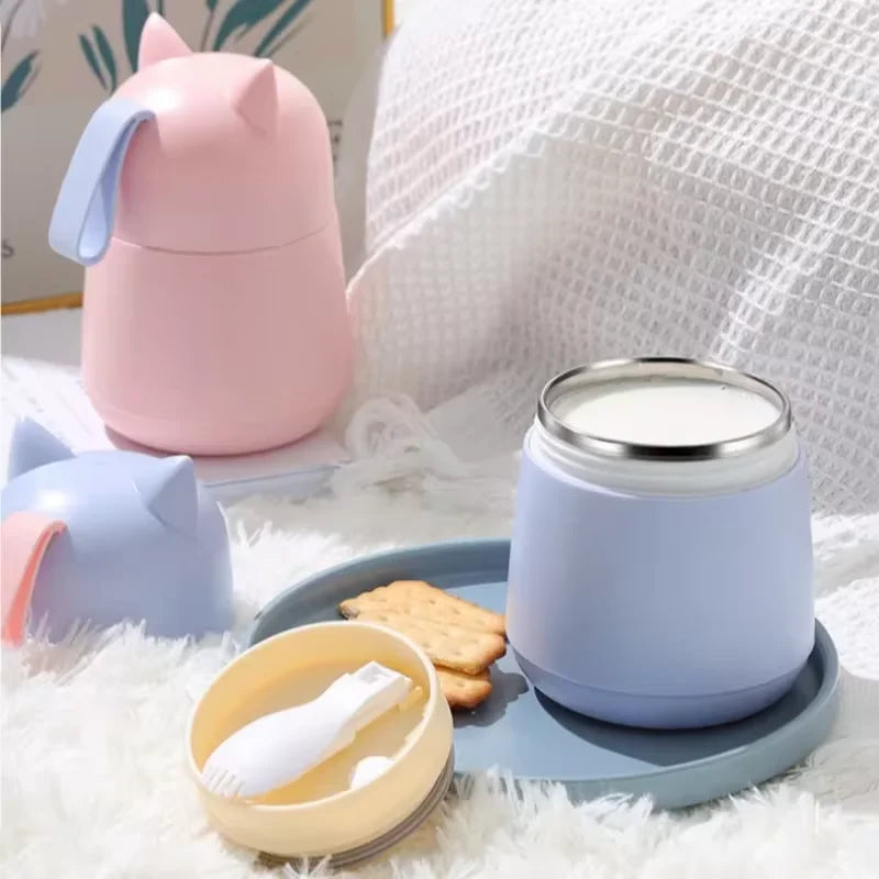 Axyaa Cat Ear Soup Cup with Spoon - Leak-proof & Portable Breakfast Cup