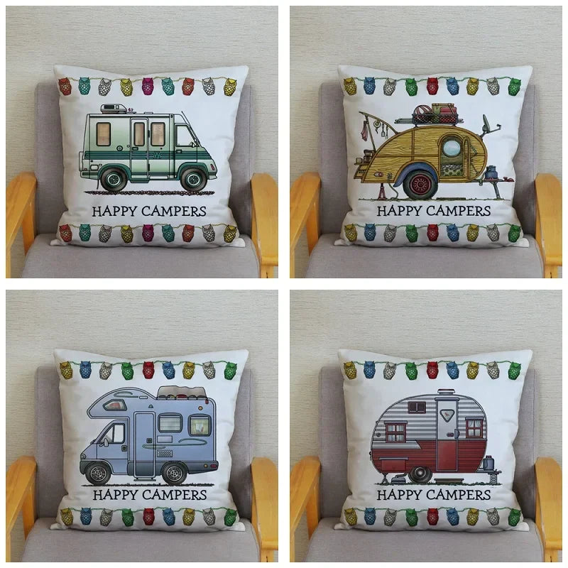 Happy Campers Owl Motorhome Print Pillow Case by Axyaa