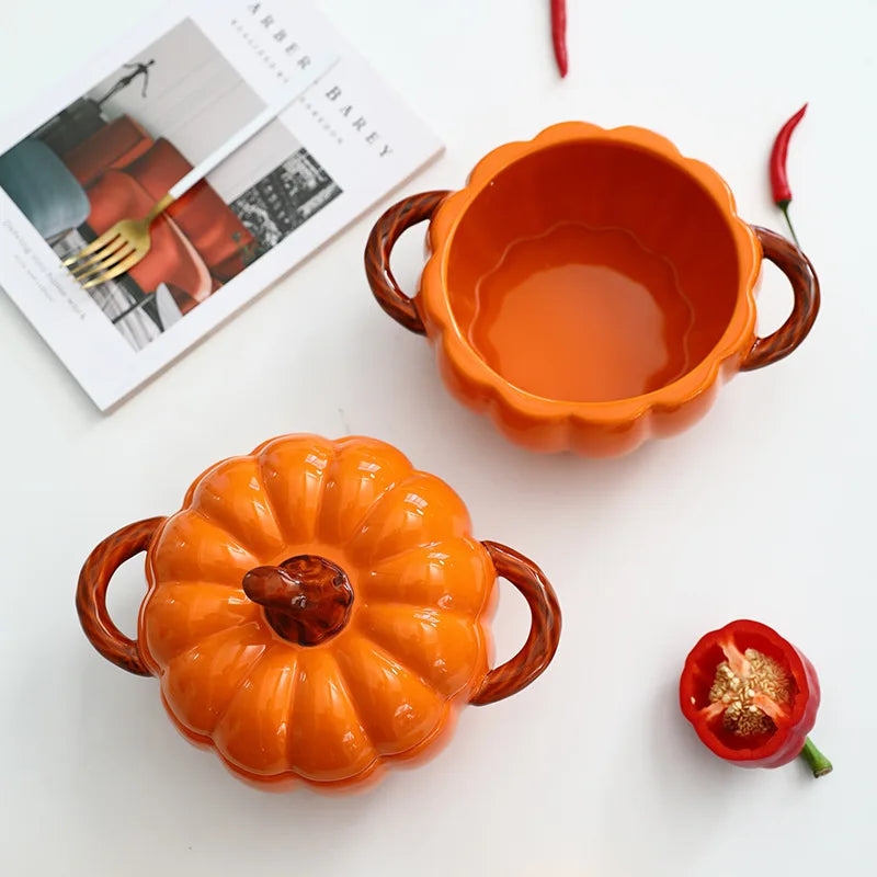 Axya Pumpkin Ceramic Hot Pot with Double Handles and Cover