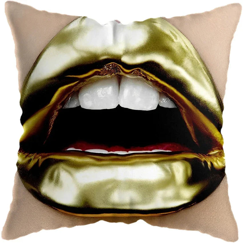 Pink Gold Lips Cushion Cover by Axyaa: Modern Nordic Diamond Painting Home Decor