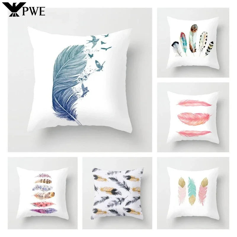 Axyaa White Feather Pillowcase Blue Polyester Cushion Cover for Home Decor