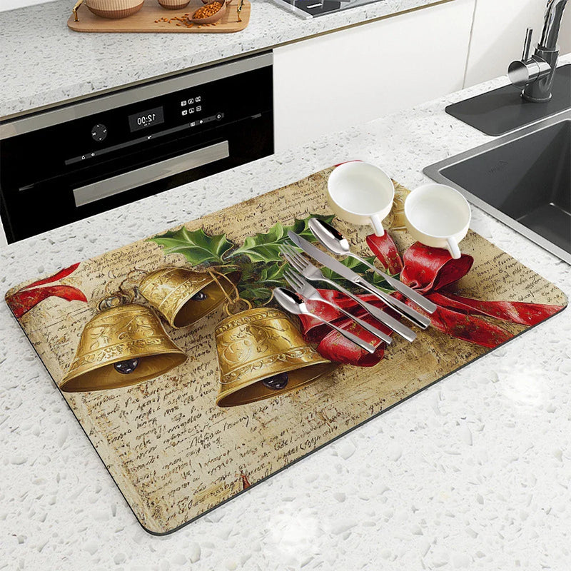Axyaa Retro Style Christmas Bells & Bows Kitchen Drying Mat