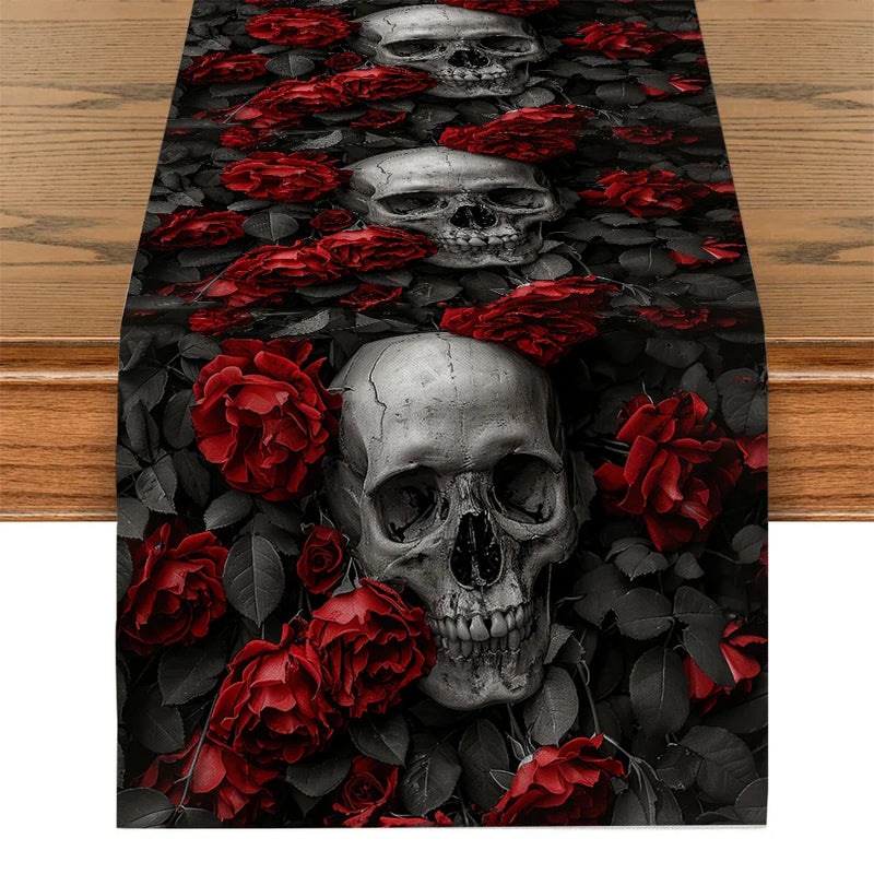 Axyaa Halloween Skull Flower Table Runner