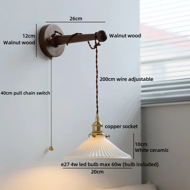 Axyaa Round Ceramic E27 Wall Lamp with Pull Chain Switch and Warm LED Light