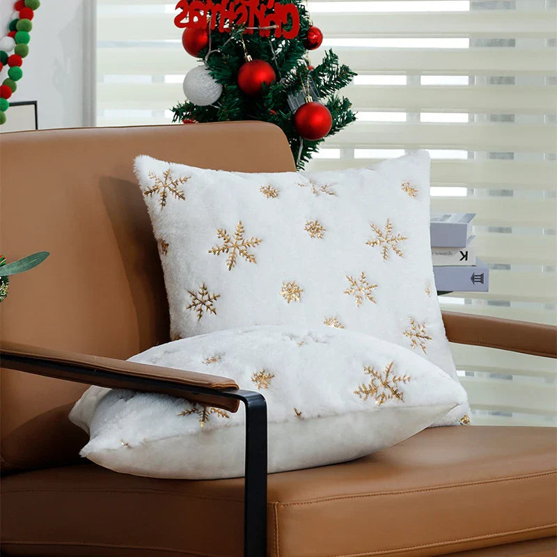 White Gold Snowflake Cushion Cover 45x45cm - Axyaa Home Decor - Christmas Theme