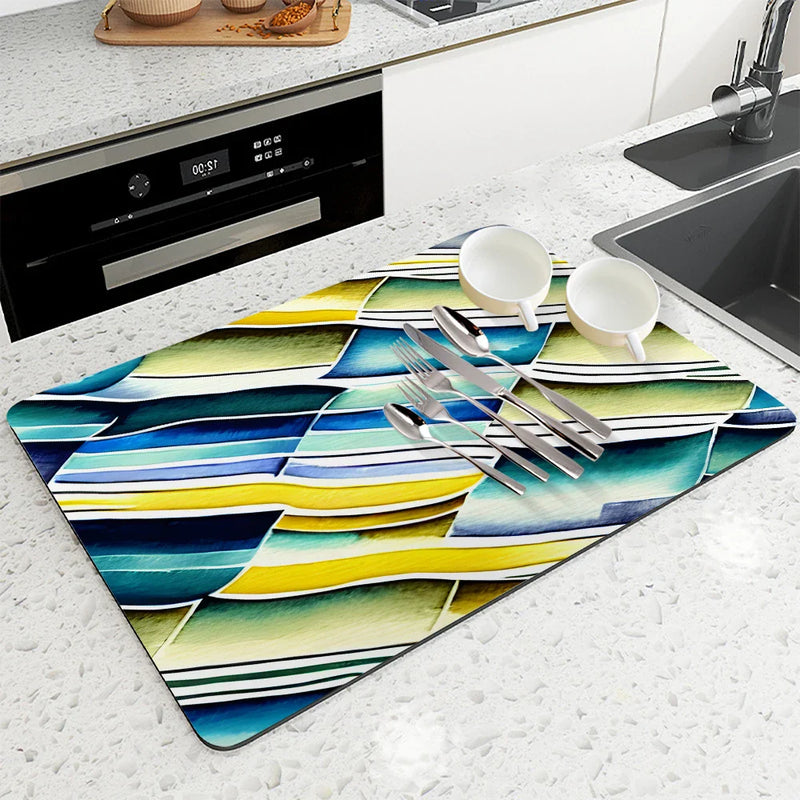 Axyaa Watercolor Geometry Absorbent Kitchen Drying Mat