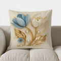 Axyaa Elegant Blue & White Flowers Gold Accent Cushion Cover