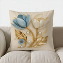 Axyaa Elegant Blue & White Flowers Gold Accent Cushion Cover