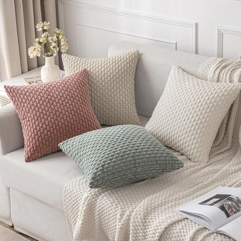 Beige Boho Corduroy Throw Pillow Cover 18x18 Inch for Modern Home Decor by Axyaa