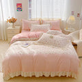 Axyaa Pink Checkered Lace Duvet Set: 1 Duvet, 2 Pillowcases, Bed Sheet.
