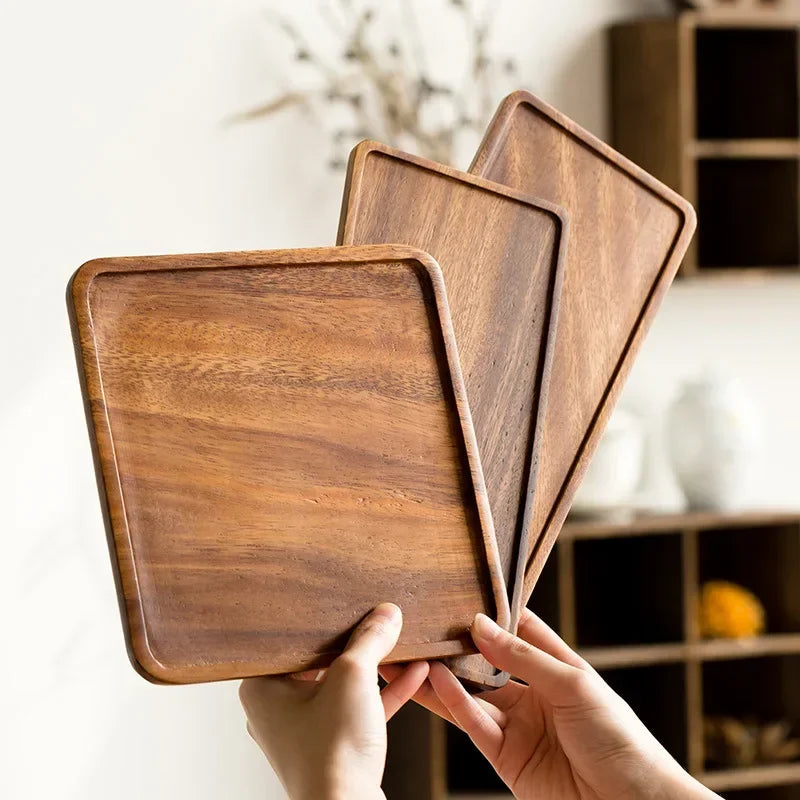 Axya Solid Wood Japanese Walnut Tea Tray for Home, Square Dinner Plate