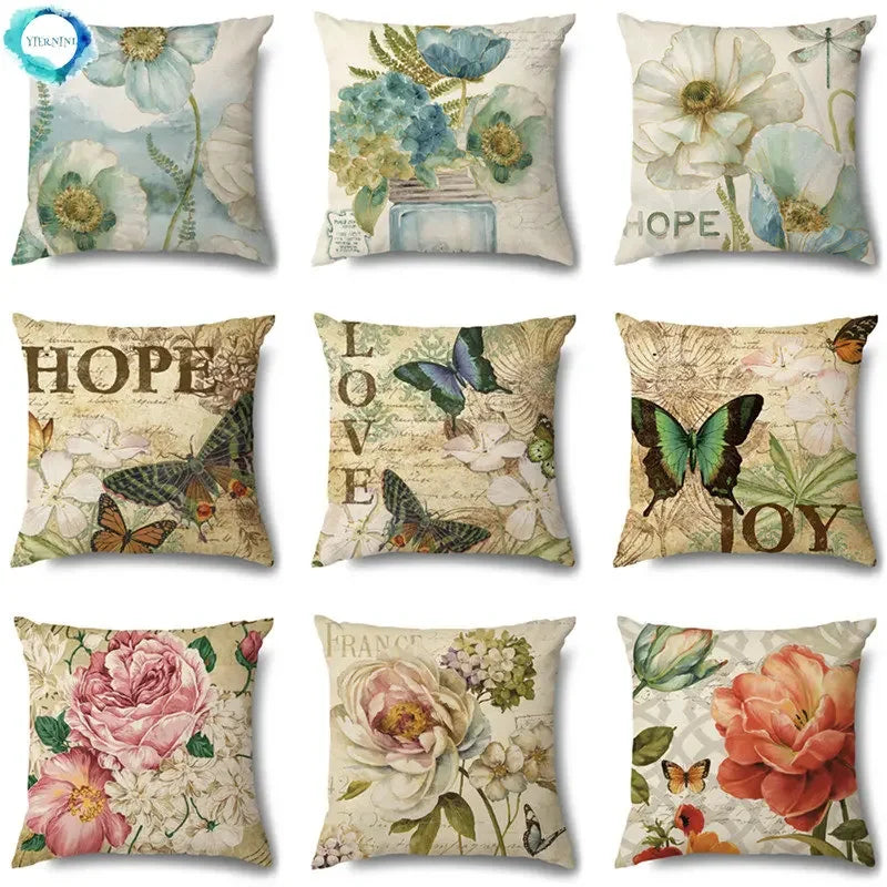 Axyaa Rose Butterfly Print Cotton Linen Pillowcase for Modern Living Room Decor