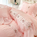 Axyaa Romantic Lace Gauze Bedding Set: Queen Size, Elegant Princess Style, Embroidered Duvet Cover, Ruffled Quilt Cover