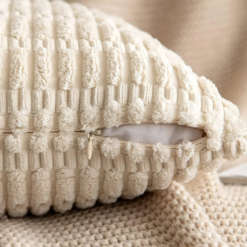 Axyaa Beige & White Corduroy Striped Pillow Cover Set - Modern Home Decor