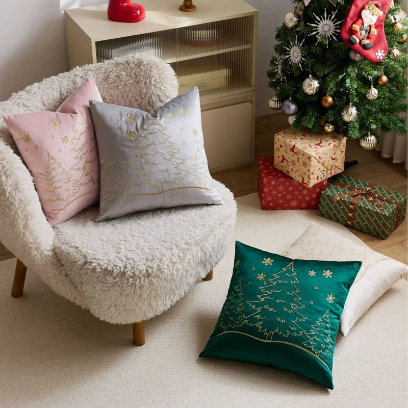 Axyaa Christmas Tree Pillow Cover - Silver Gold Snowflake Velvet - Home Decoration - 45x45cm