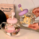 Axyaa Cute Bear Glass Cup - Large Aesthetic Tumbler with Lid and Straw