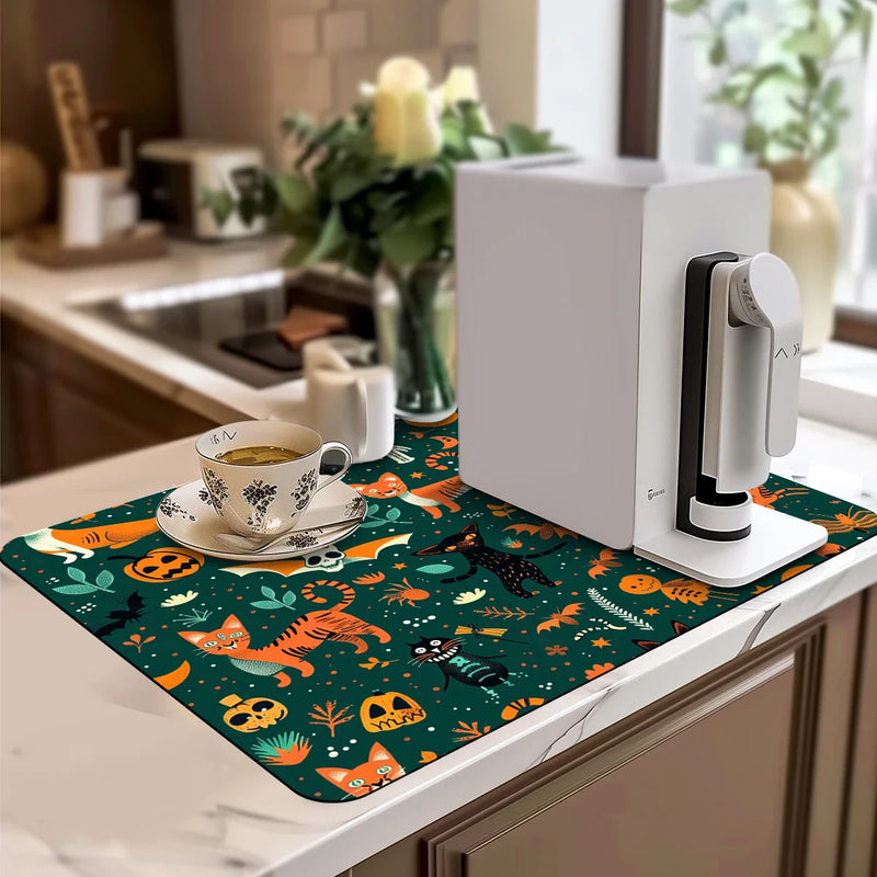 Axyaa Halloween Square Drain Pad: Absorbent & Anti-slip Dry Mat for Dishes, Cups, & More