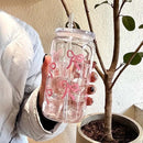 Axyaa 500ml Bow Plastic Cup with Lid & Straw, Mason Jar Shaped Tumbler for Coffee, Juice & More