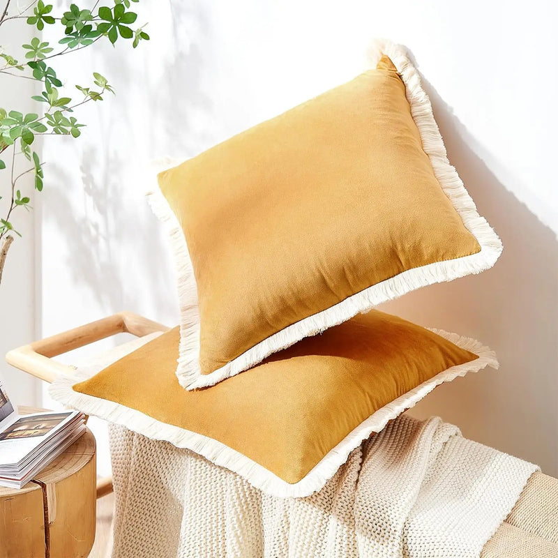 Axyaa Velvet Decorative Pillow Cover with Tassels - Orange/Ivory/Green - 18x18/20x20/24x24