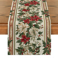 Axyaa Christmas Poinsettia Holly Table Runner for Rustic Dining Decor