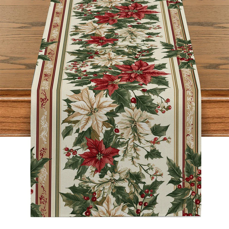 Axyaa Christmas Poinsettia Holly Table Runner for Rustic Dining Decor