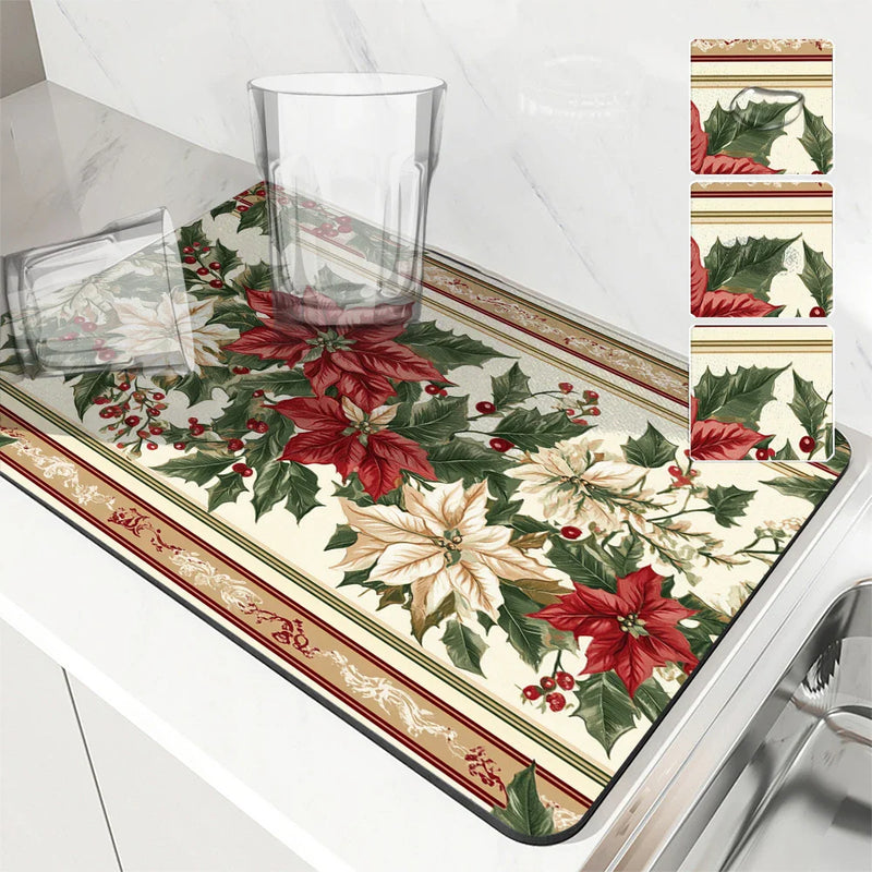 Axyaa Christmas Holly Coffee Cup Drying Mat