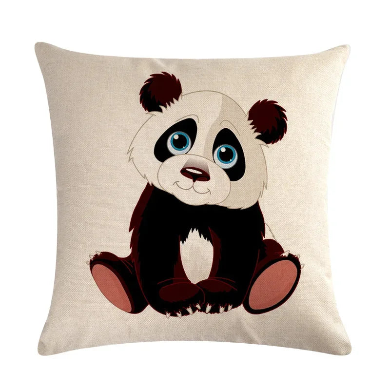 Axyaa Cartoon Panda Print Linen Pillowcase 45x45cm Square Home Sofa Decoration Cover