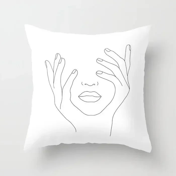 Minimalist White Pillow Cover - Axyaa Portrait Sketch Nordic Cushion