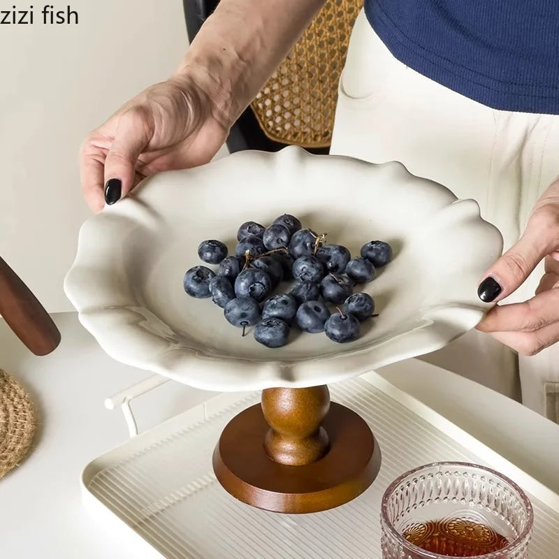 Axya Ceramic Fruit Plate Creative Wood High Foot Snack Display Plate