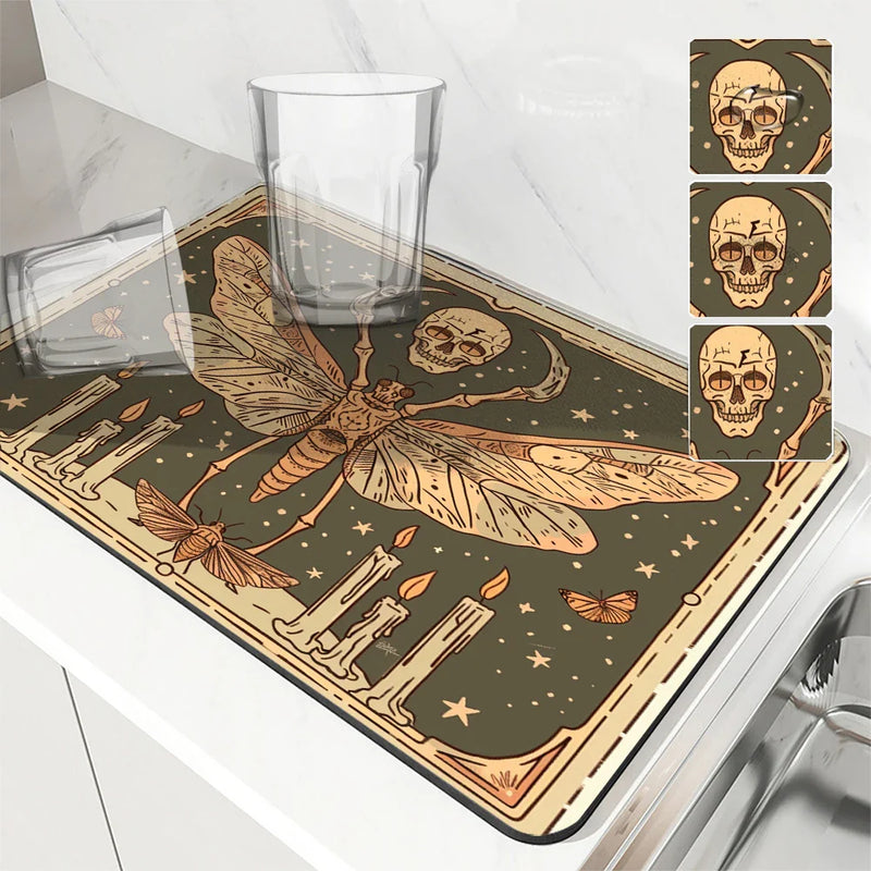 Axyaa Tarot Moth Square Drain Pad: Absorbent & Anti-Slip Dry Mat for Dishes & Cups