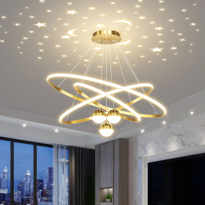 Axyaa Starry Sky Projection LED Chandelier in Black/Gold - Hanging Pendant Lights for Home