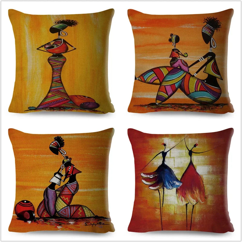 Axyaa Abstract African Woman Decorative Cotton Linen Cushion Cover
