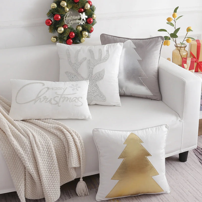 Grey Deer Christmas Tree Embroidered Cushion Cover by Axyaa – Cozy Living Room Decor